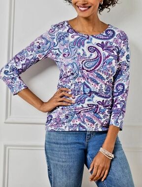Talbot's Paisley Side Ruched Scoop Neck Blouse Multicolored Size Large